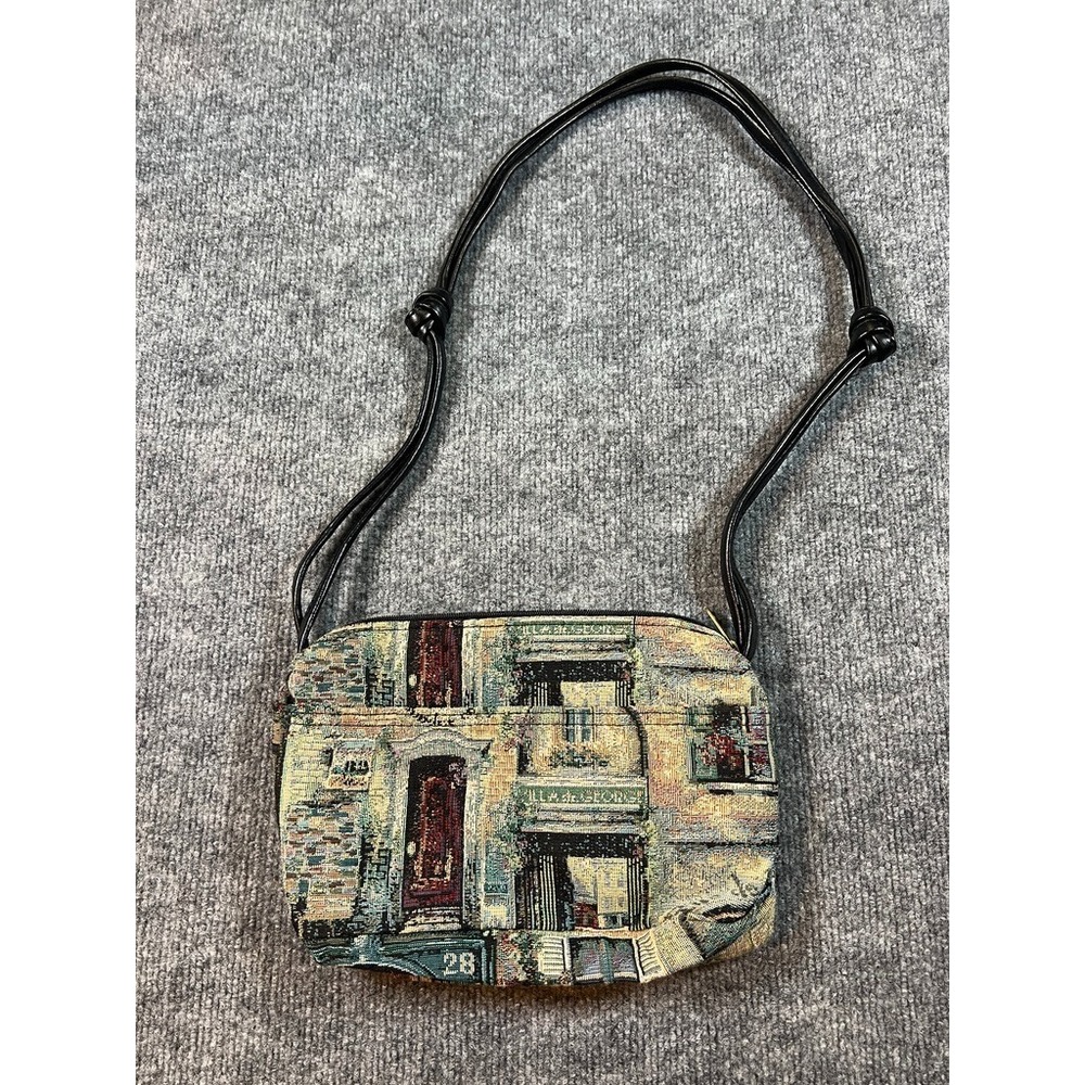 Vintage 80s French Street Scene Tapestry Womens Shoulder Satchel Bag Purse